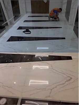 Flooring in calacatta bookmatch and nero marquina - Al Khaliji Bank - Lusail